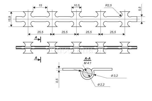 Drawing of barbed wire for Piranha barbed mesh